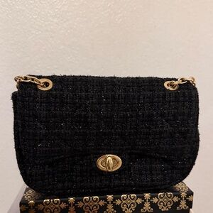 Black Sparkly Tweed Crossbody Bag with Gold Hardware & Chain Strap